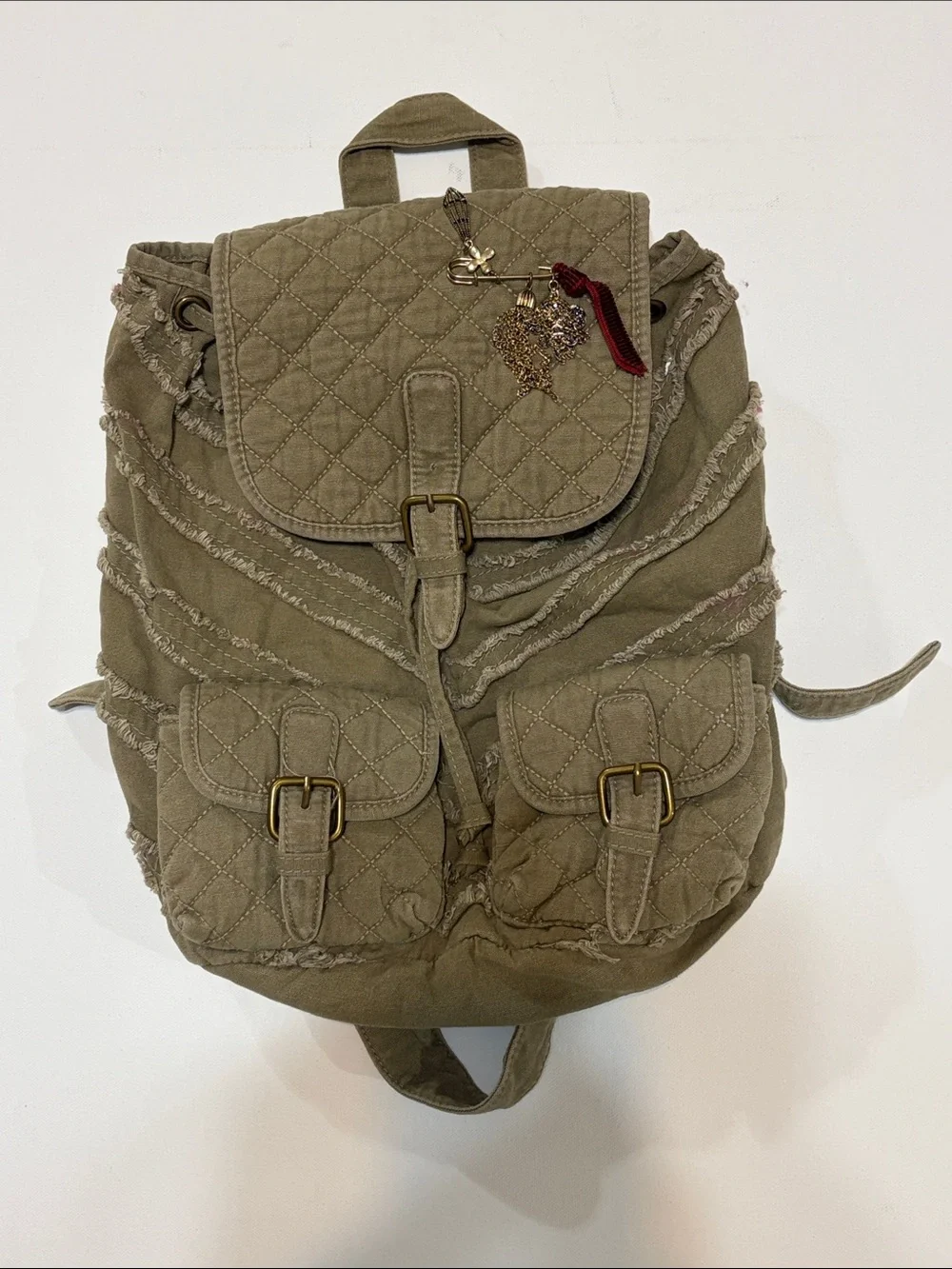 Express Olive Green Distressed Canvas Backpack Quilted Boho Utility